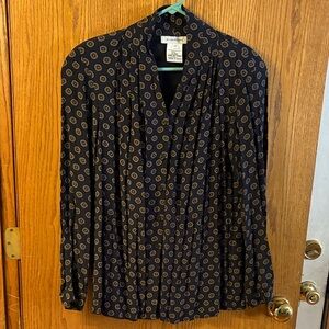 Evan Picone Navy and Gold Geometric Blouse